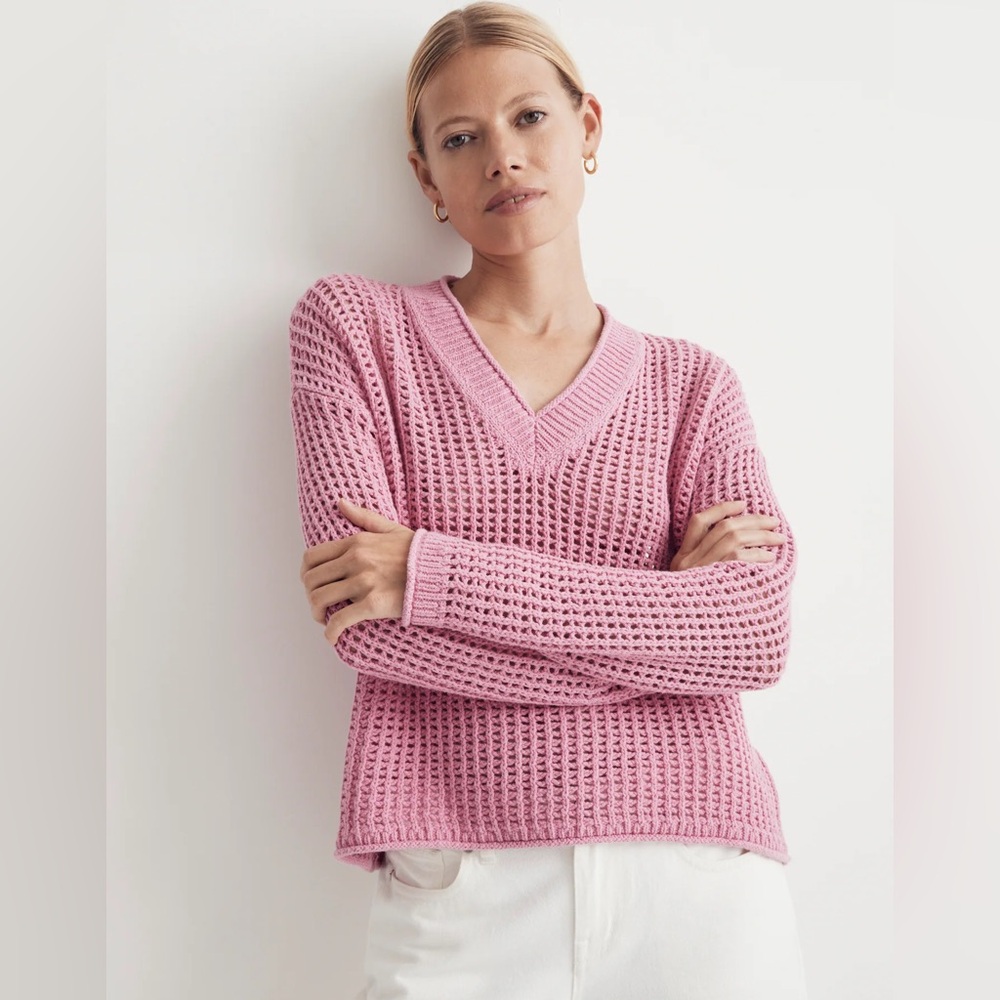 Madewell Open-Stitch V-Neck Pullover Sweater, Large